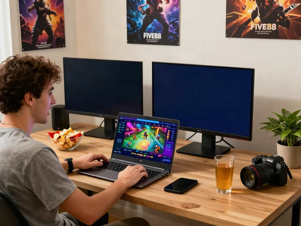 Engaging user enjoying FIVE88 online gaming experience at home, showcasing vibrant game graphics and live dealer.