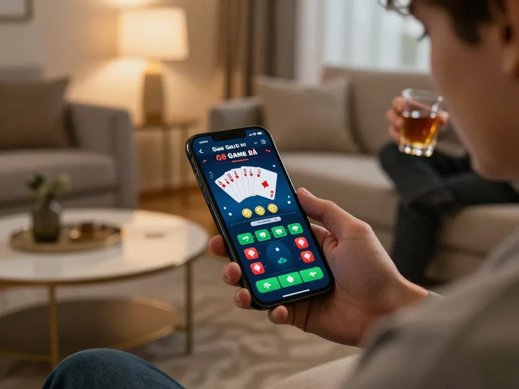 Engaged player using the 68 Game Bài app on smartphone for online poker while relaxing in a cozy living room.