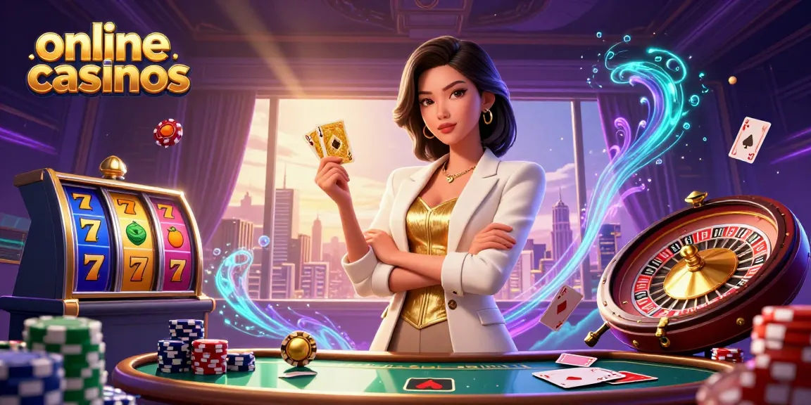 Engaging illustration showcasing online casinos with a glamorous businesswoman and vibrant gaming elements.