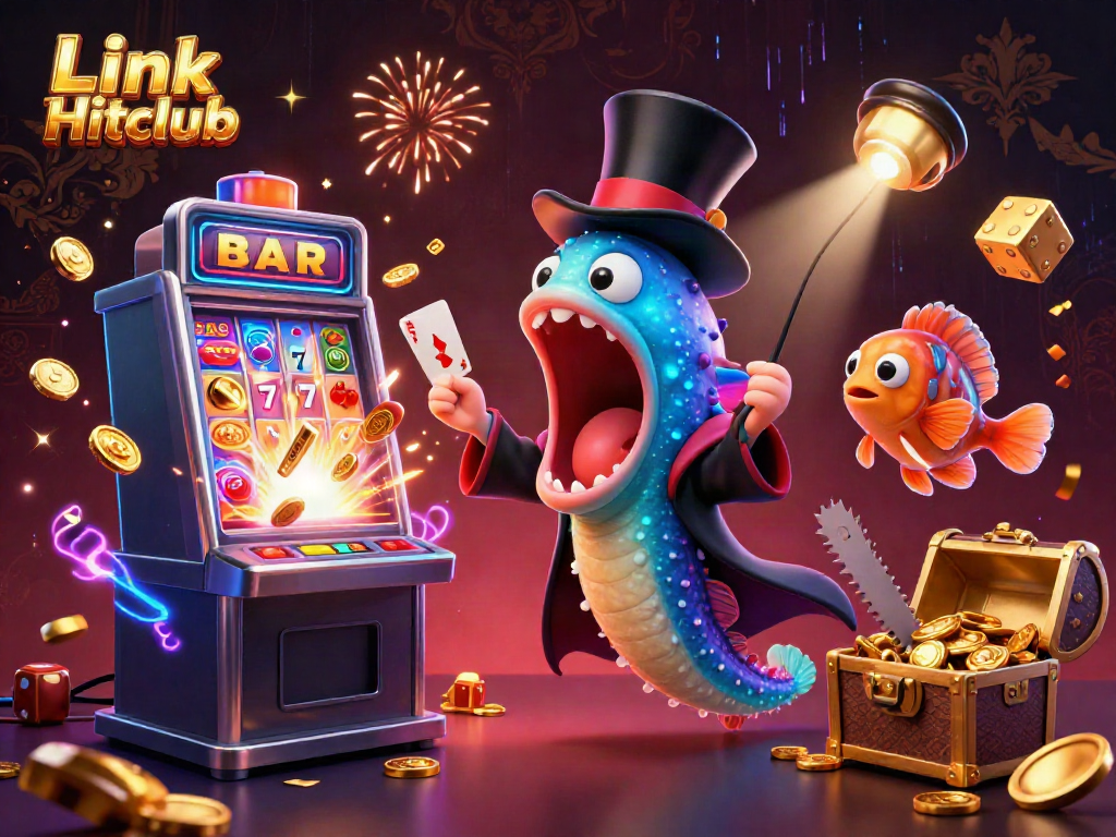 Engage with the exciting Link Hitclub scene featuring a magical performance with an eel, anglerfish, and sea cucumber in a vibrant casino atmosphere.