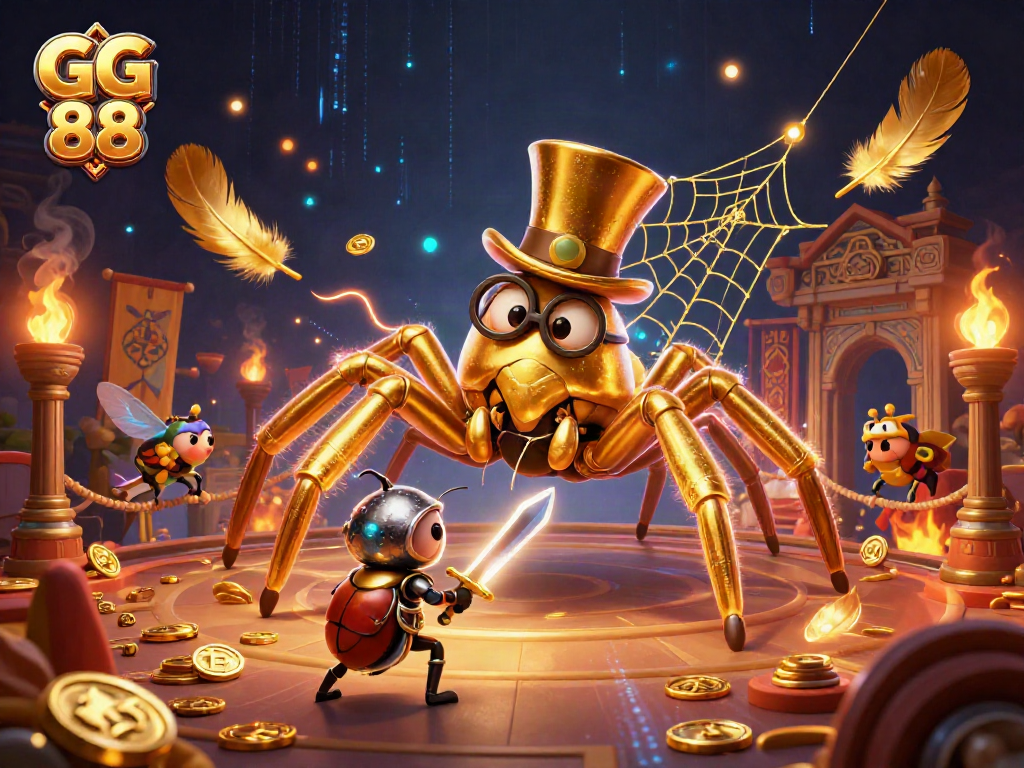 Engage in thrilling casino adventures with GG 88, featuring a golden tarantula and beetle knight in a vibrant gaming scene.
