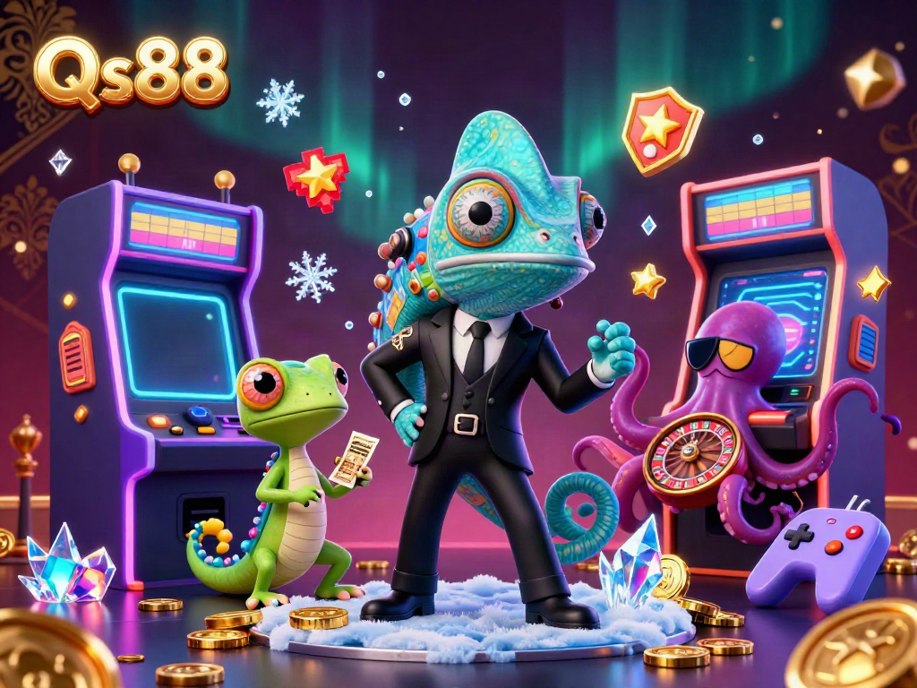 Engage with Qs88's dynamic world of slots and casino action featuring colorful characters.