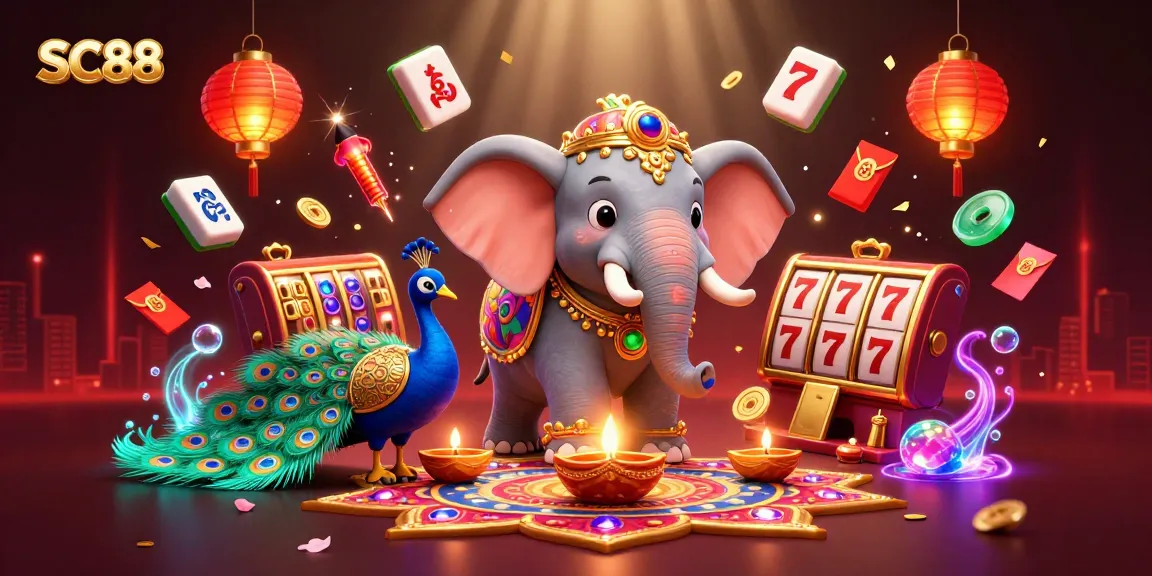 Engaging SC88 casino scene with a Diwali elephant, peacock, slot reels, and vibrant decorations.