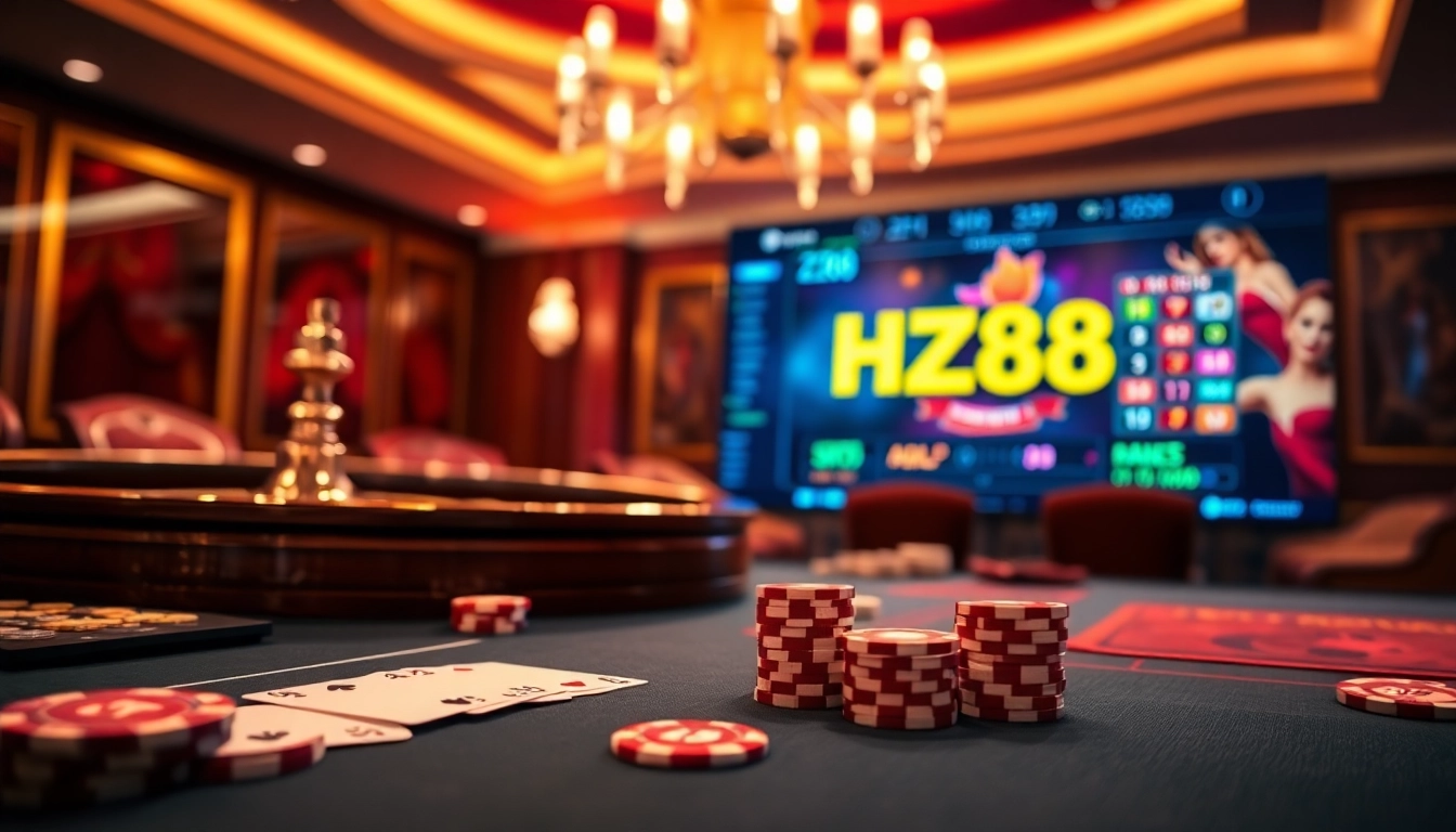 Engaging scene of nhà cái HZ88 with vibrant casino elements and online gambling interfaces.