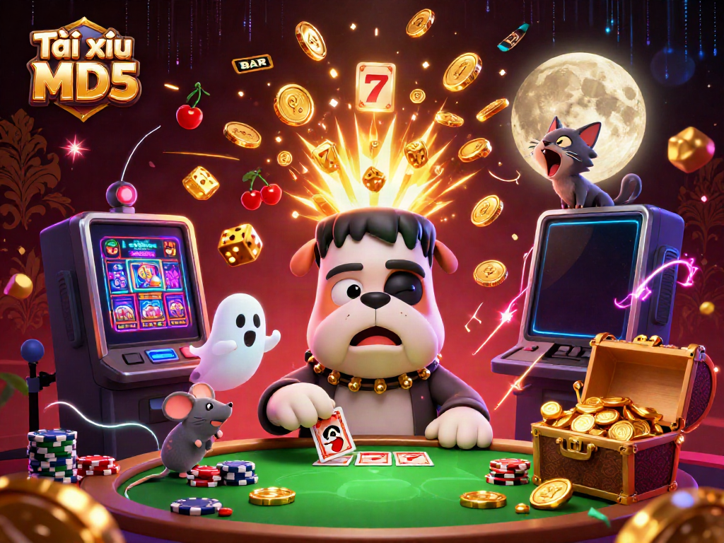 Tài xỉu MD5 engaging players with a vibrant 3D casino scene featuring characters and winning game elements.