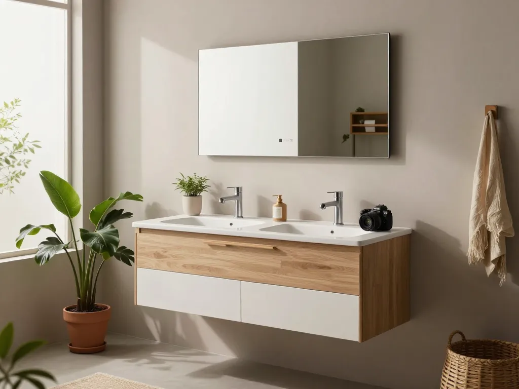 Elegante eiken badkamermeubels verbeteren de esthetiek van een moderne badkamer met natuurlijk licht.