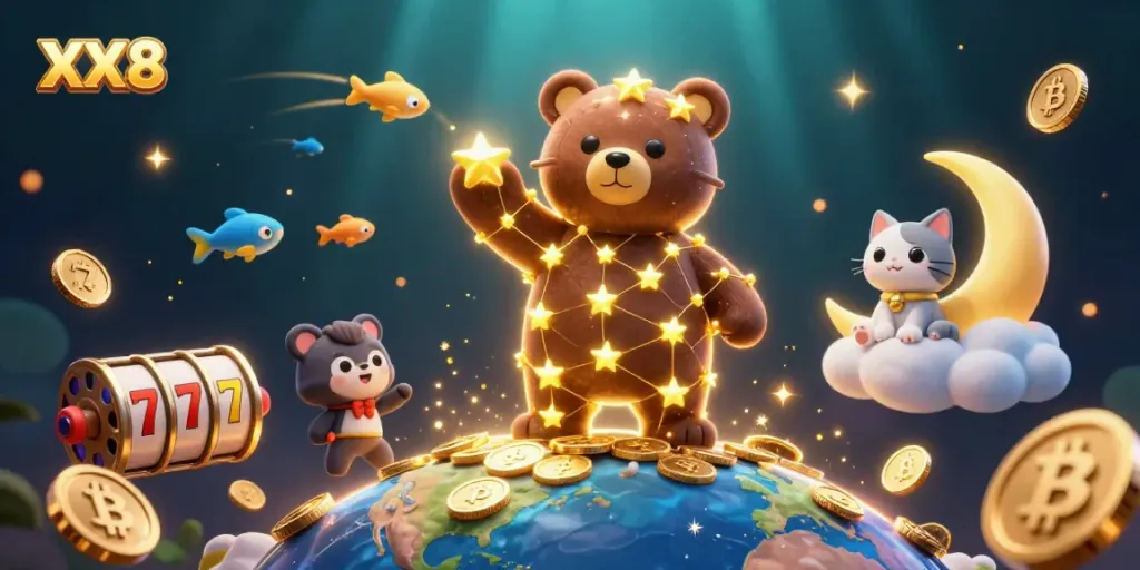 Experience vibrant casino energy with XX8 as a constellation bear scoops sparkling coins, enhanced by Bitcoin and Ethereum elements.