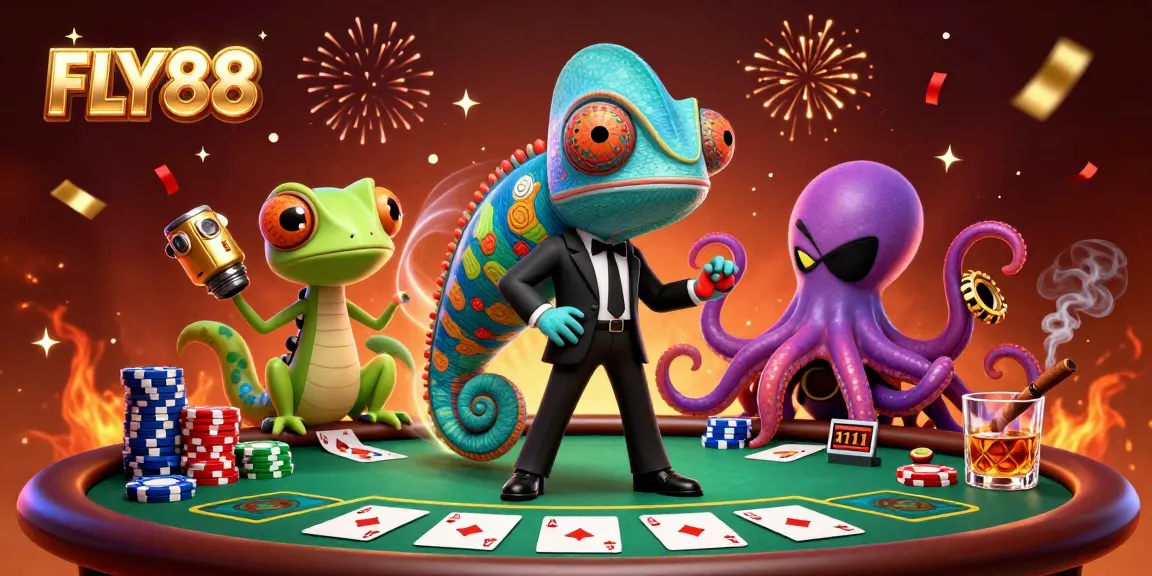 Play exciting casino games at FLY88 with colorful poker elements and vibrant characters.