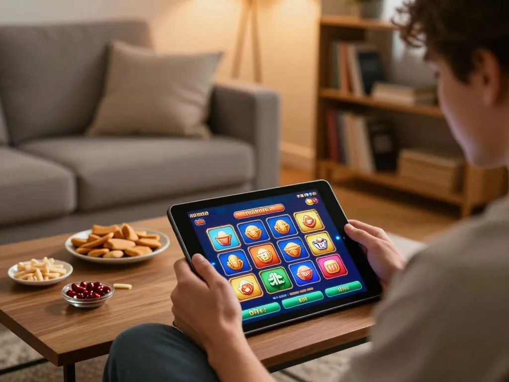 Player enjoying online slot games at 123B on a tablet in a cozy home setting.