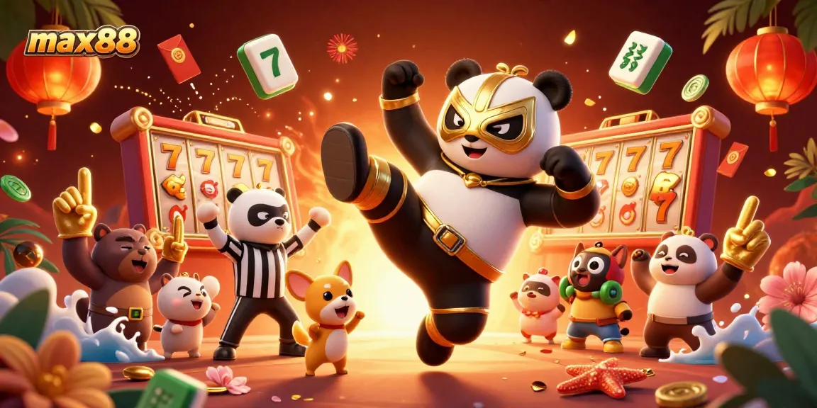 Experience max88 excitement with a dynamic panda wrestler and captivating casino visuals.