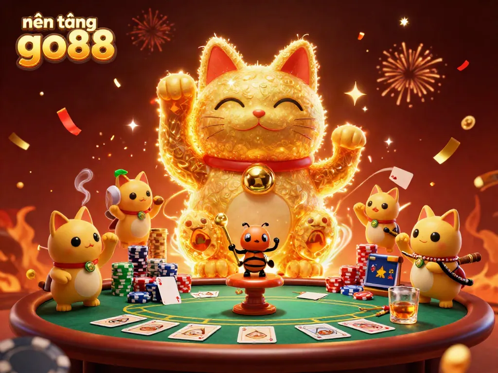 Engage with the vibrant gaming scene featuring nền tảng go88's lucky cat and casino elements, celebrating winnings.