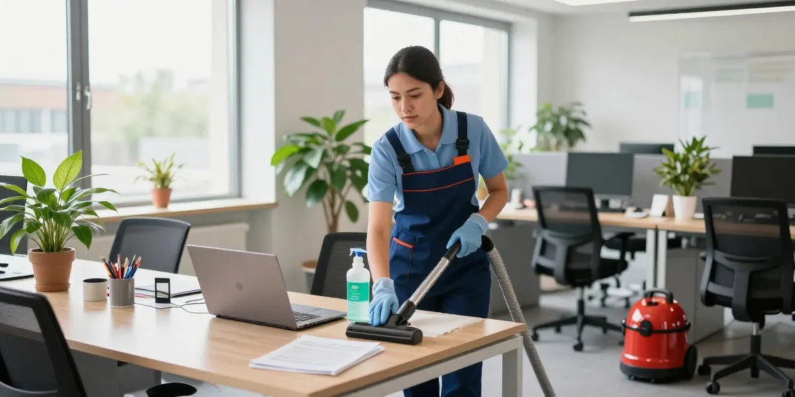 Schoonmaakbedrijf Den Haag professional cleaning modern office workspace, maintaining cleanliness and hygiene.