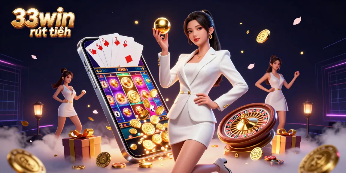 Visualize the excitement of 33win rút tiền with vibrant gaming elements and a poised female character in a luxurious casino setting.