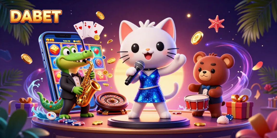 DABET engages players with vibrant casino elements in an exciting 3D scene featuring a lively jazz cat, a saxophone croc, and a drum bear.