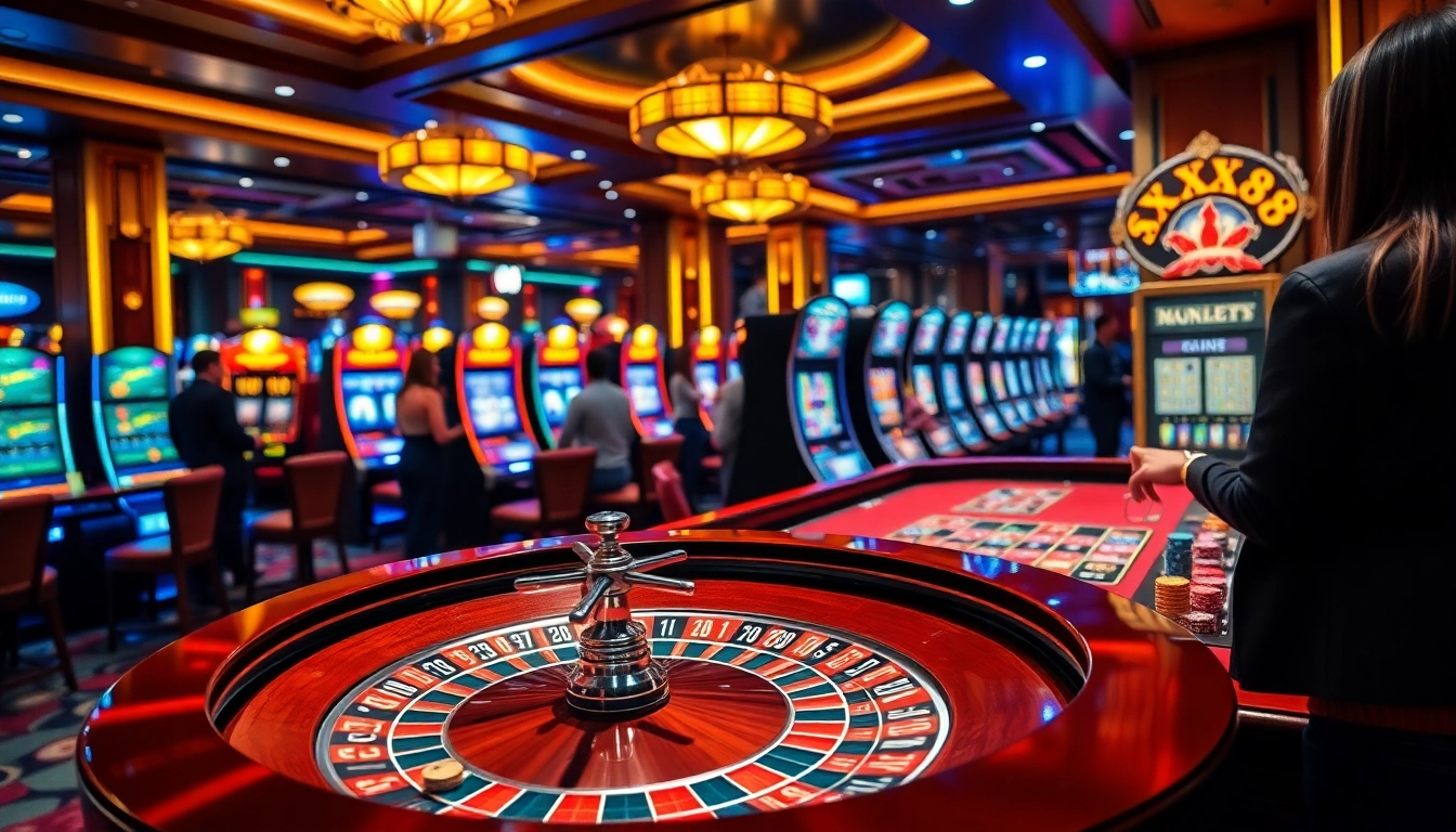 Players enjoy thrilling games at XX88 casino with roulette and slot machines.
