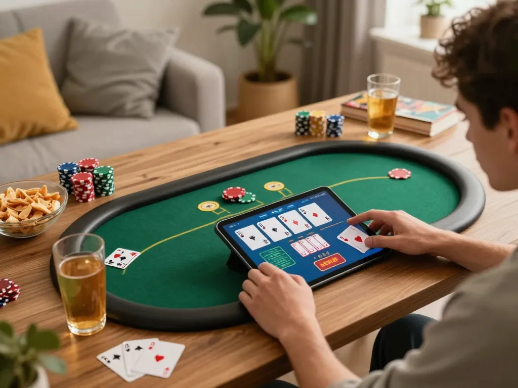 Player enjoying poker on their tablet at home, highlighting the engaging experience of 8kbet com.