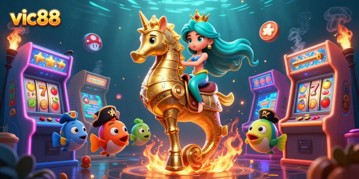 Win big with vic88 in a vibrant 3D casino scene featuring a mermaid and seahorse.