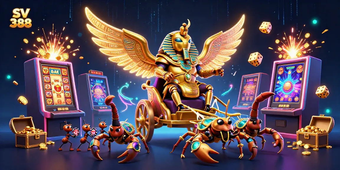 Experience exciting gameplay with SV 388, featuring a vibrant cartoony scene of giant scarab beetles and dynamic slot machines.