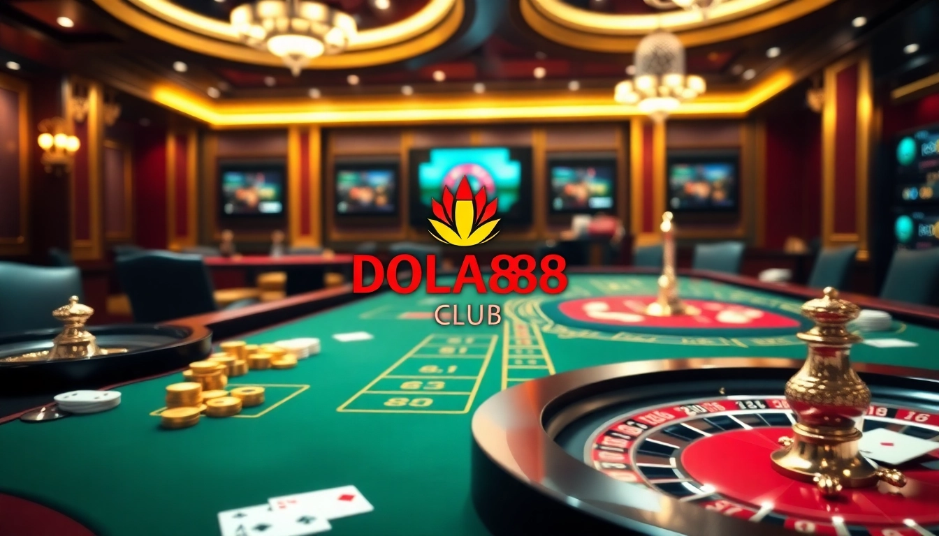 DOLA88 CLUB gaming table with premium poker chips and roulette wheel, inviting players to join.