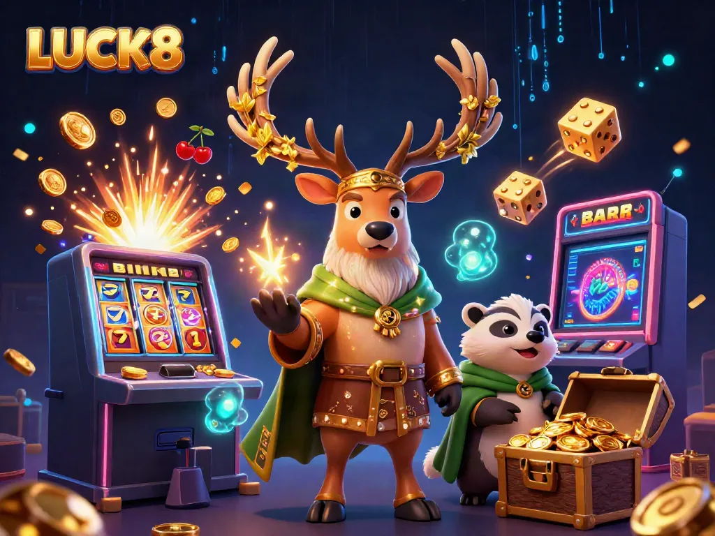Experience the magic of LUCK8 with a dynamic casino scene featuring a Celtic stag, a wise badger, and a jackpot explosion.