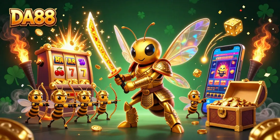 Engage with DA88 at an online casino, featuring a hornet warrior and slot machine jackpot.
