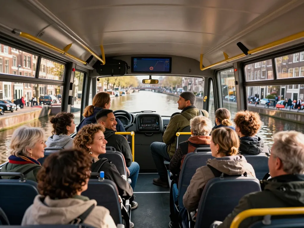 Taxi bus Amsterdam die blije passagiers door schilderachtige straten van de stad vervoert.