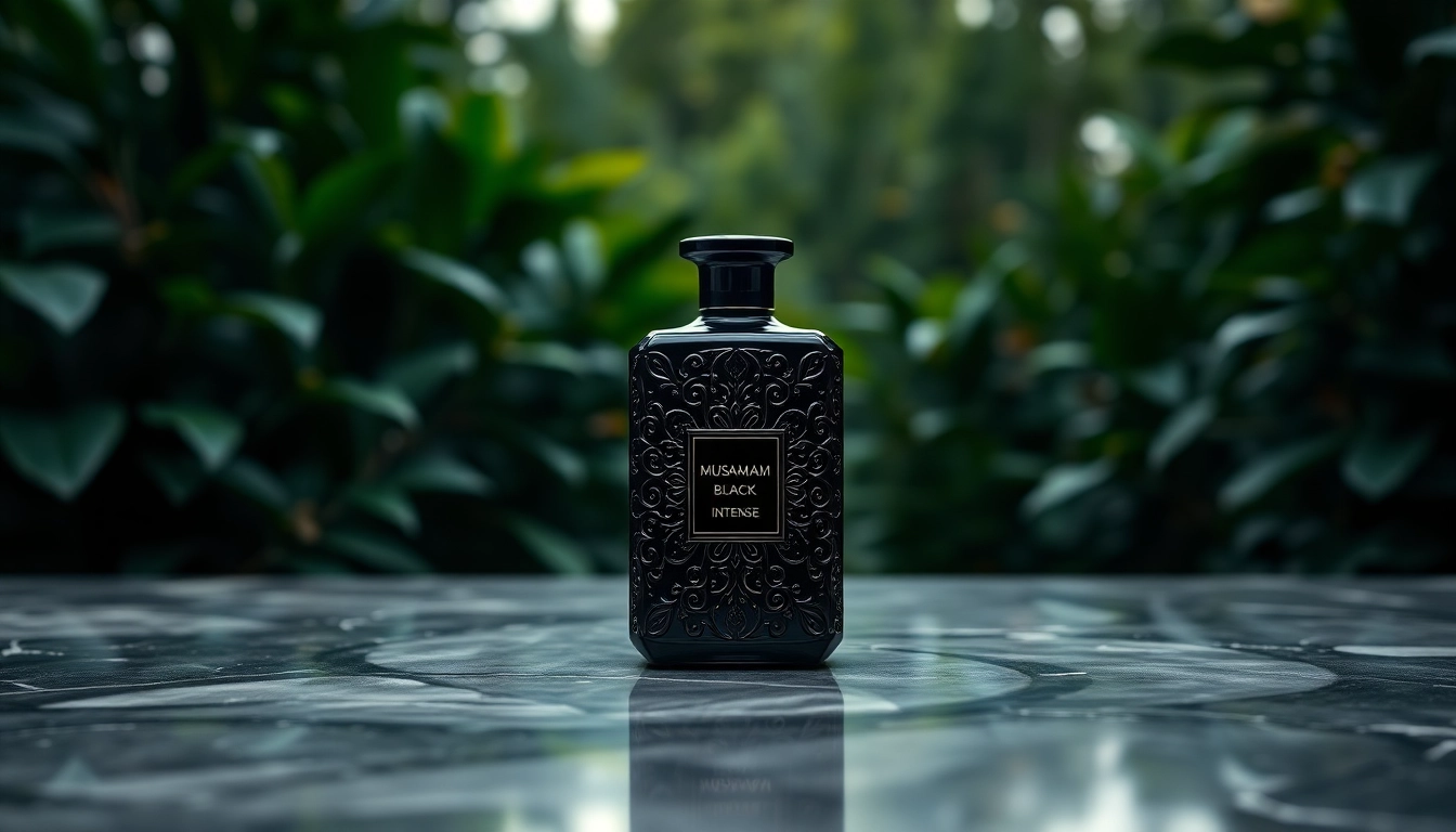 Admire the refined design of Musamam Black Intense by Lattafa in a lush green setting.