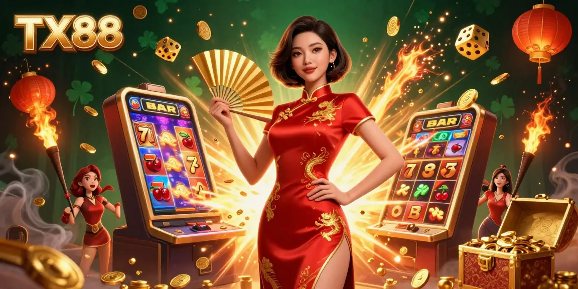 Experience the thrill of gaming at TX88 casino with a vibrant scene showcasing exciting slot machines, golden coins, and more.