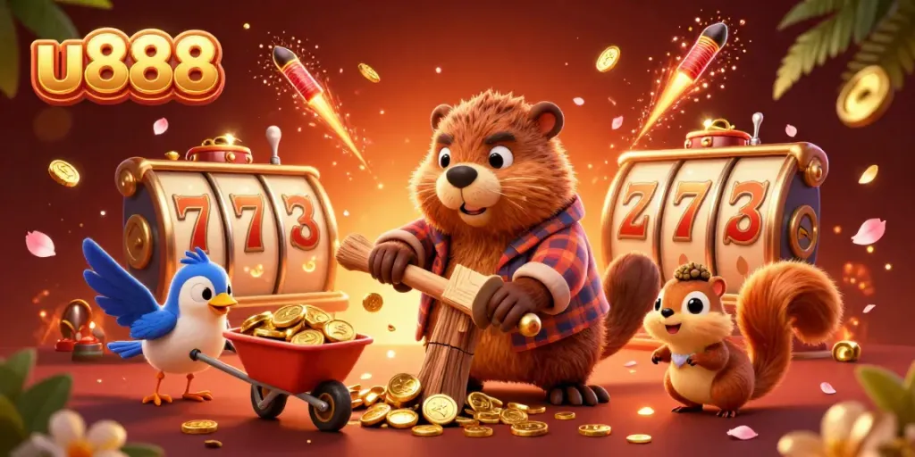 Experience thrilling moments at u888 with a vibrant scene featuring a beaver and friends collecting golden coins and slot reels.