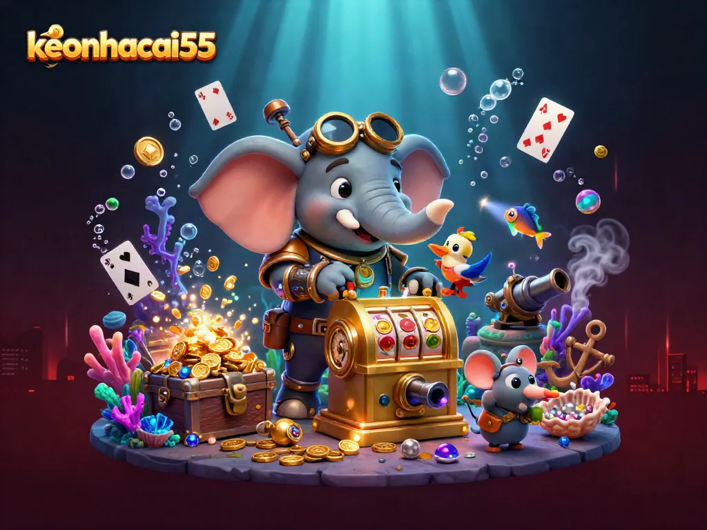 Engage with keonhacai55 as a steampunk elephant spins a golden slot machine amidst dazzling underwater treasures.