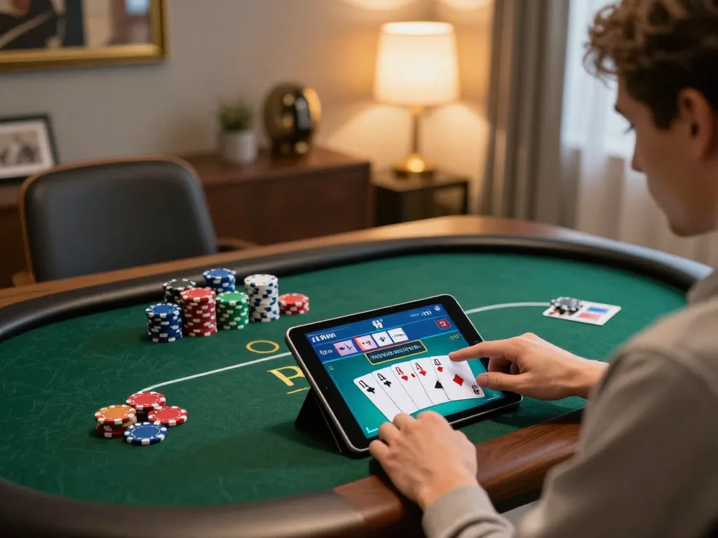 Engage with rokok88: A cozy online casino setup showcasing dynamic poker strategy.