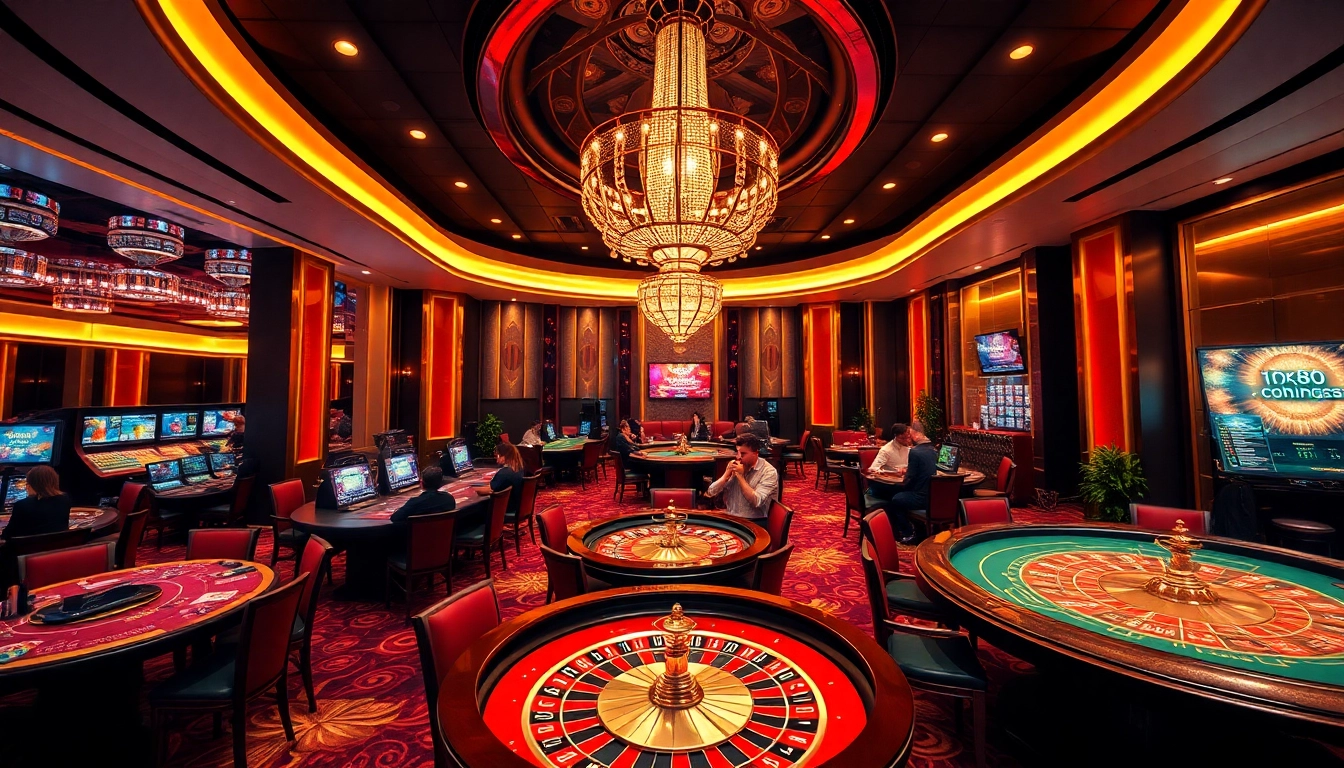 Engaged players enjoying the nk88 app in a luxurious casino setting with vibrant gaming tables.