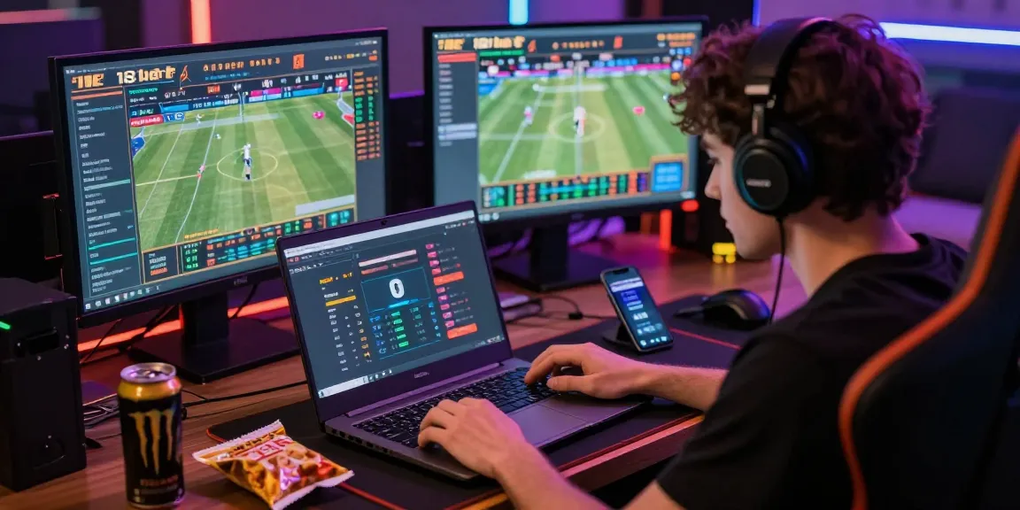 Engaged player using 181bet for live betting on various sports with multiple screens in an inviting gaming setup.