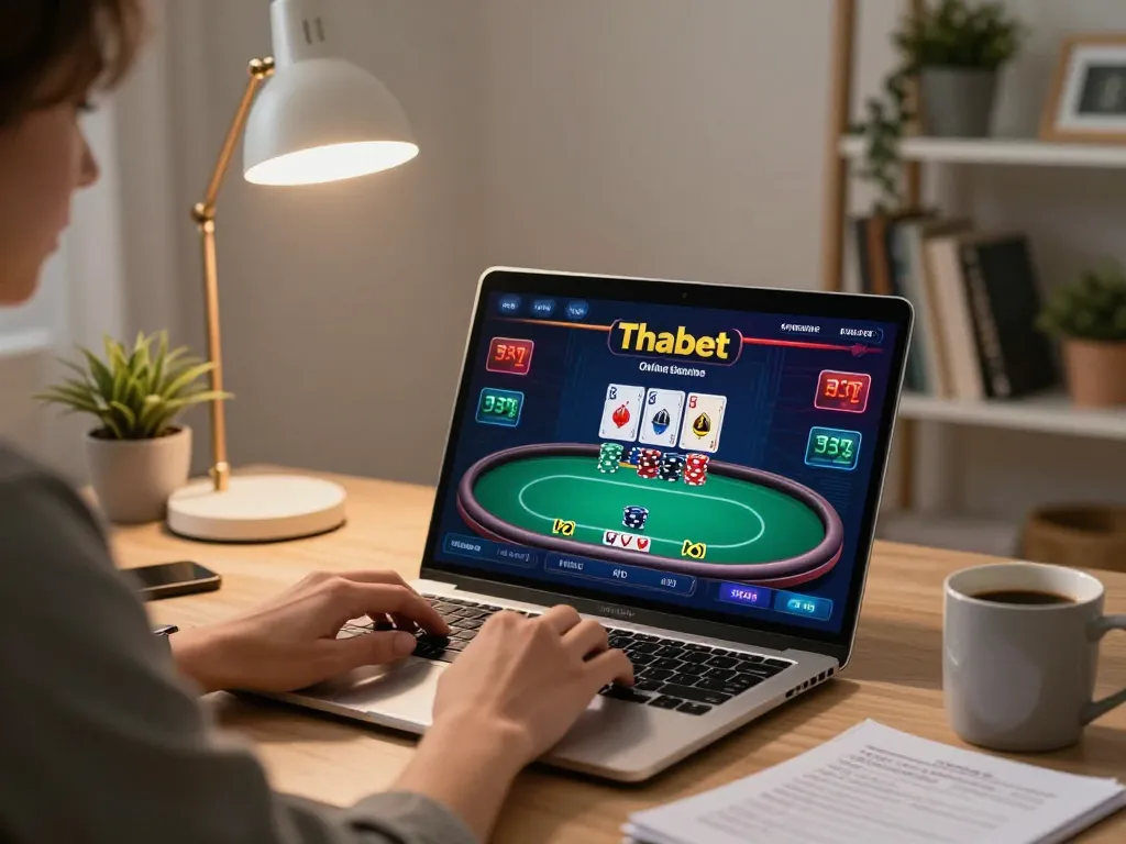 Player engaging in a thrilling online poker game at Thabet, showcasing a cozy home environment for responsible gaming.