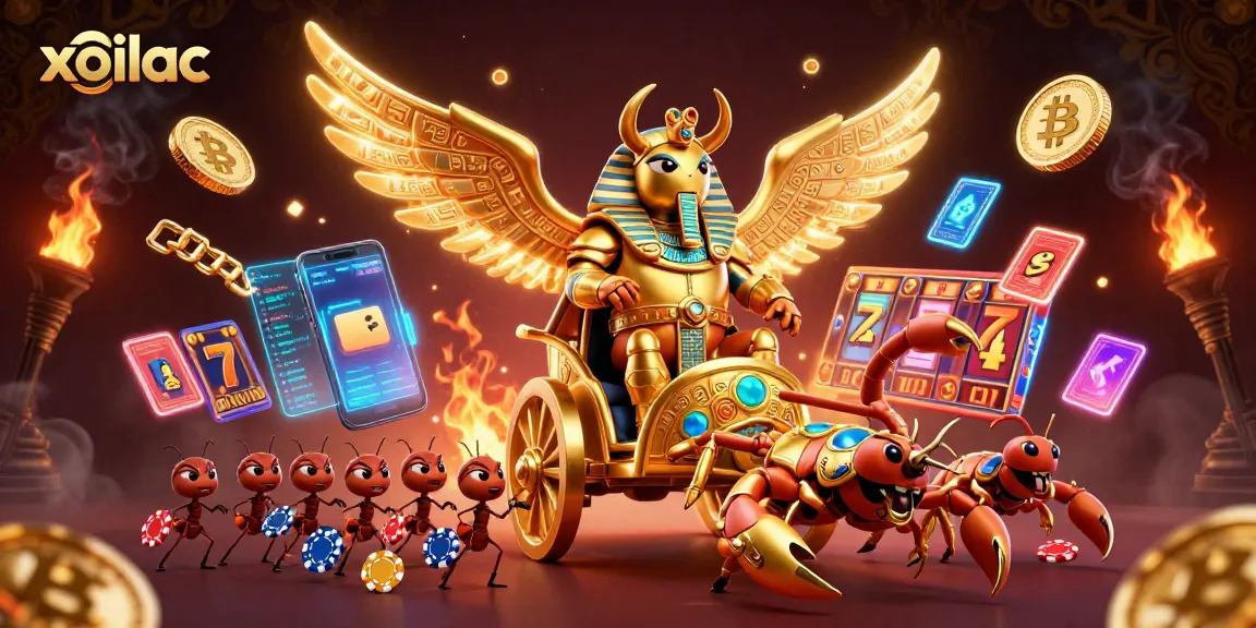 Engage in thrilling casino adventures with xoilac, featuring a golden scarab beetle and vibrant slot reels.