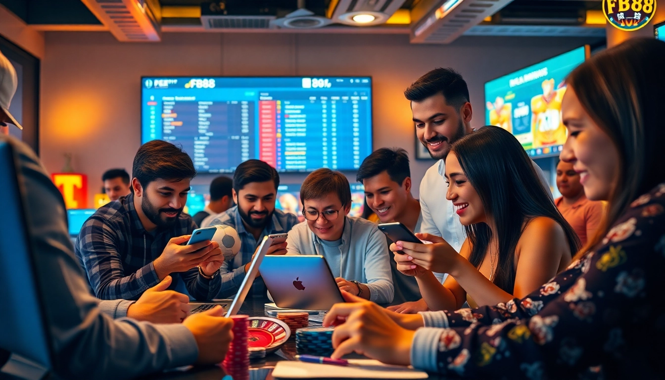 Engaging scene of diverse individuals using https://fb888.us/ for online betting, showcasing excitement and trust.