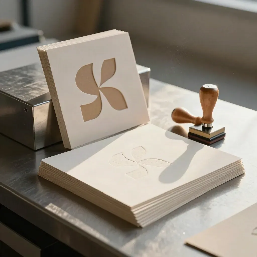 Lage drie-kwart opname van logo-proeven, geëmboste kaarten en een stempel in zacht wit en pewter.