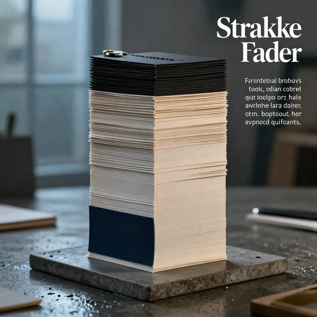 Monumentale merkidentiteitstapel met papier, visitekaartjes en drukproef in dramatisch licht.