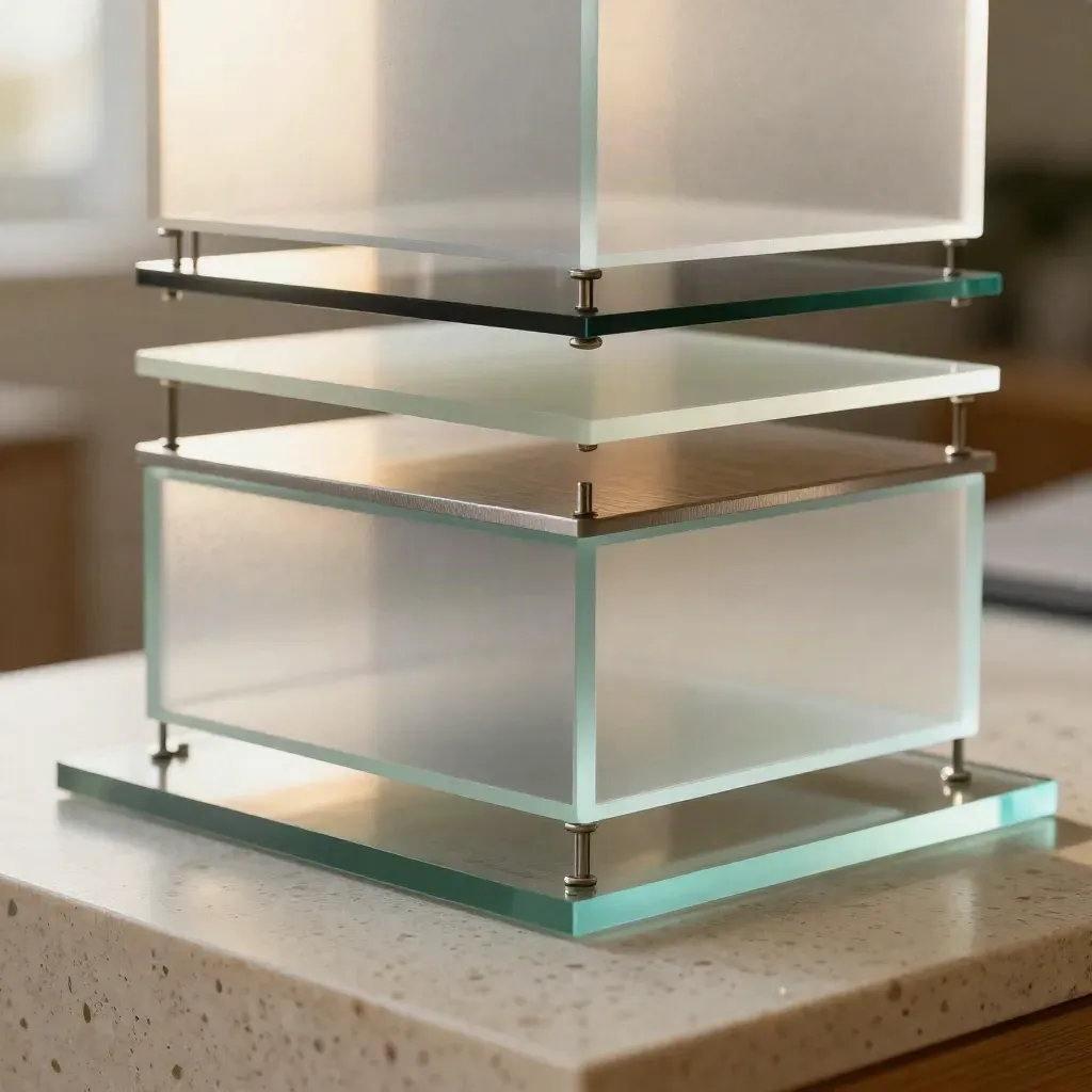 Modulaire webdesignmaquette van acryl en rasterblokken met cyaangloed op travertin.
