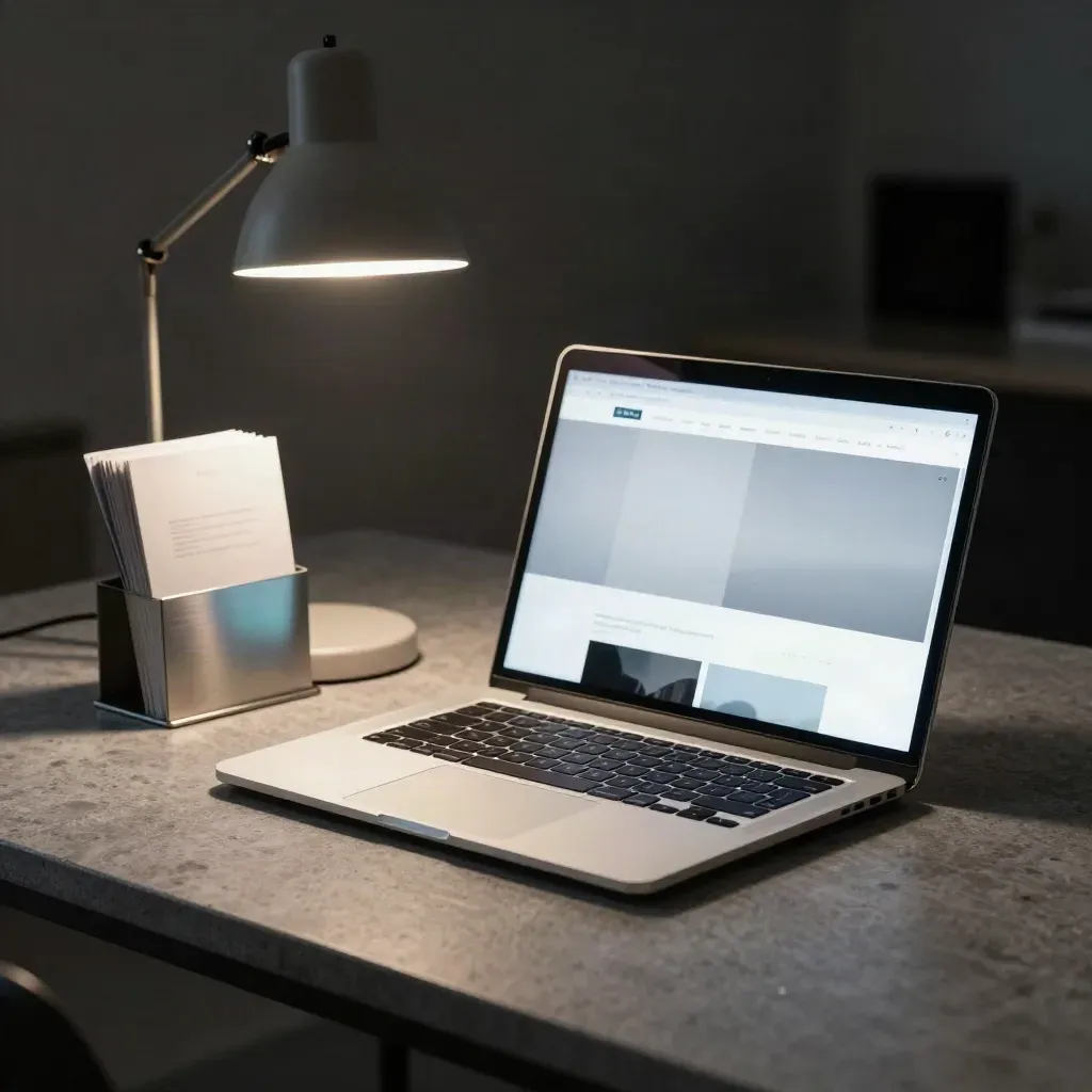 Open laptop met website, brochurehouder en bureaulamp in een donkere, moderne kantooromgeving.