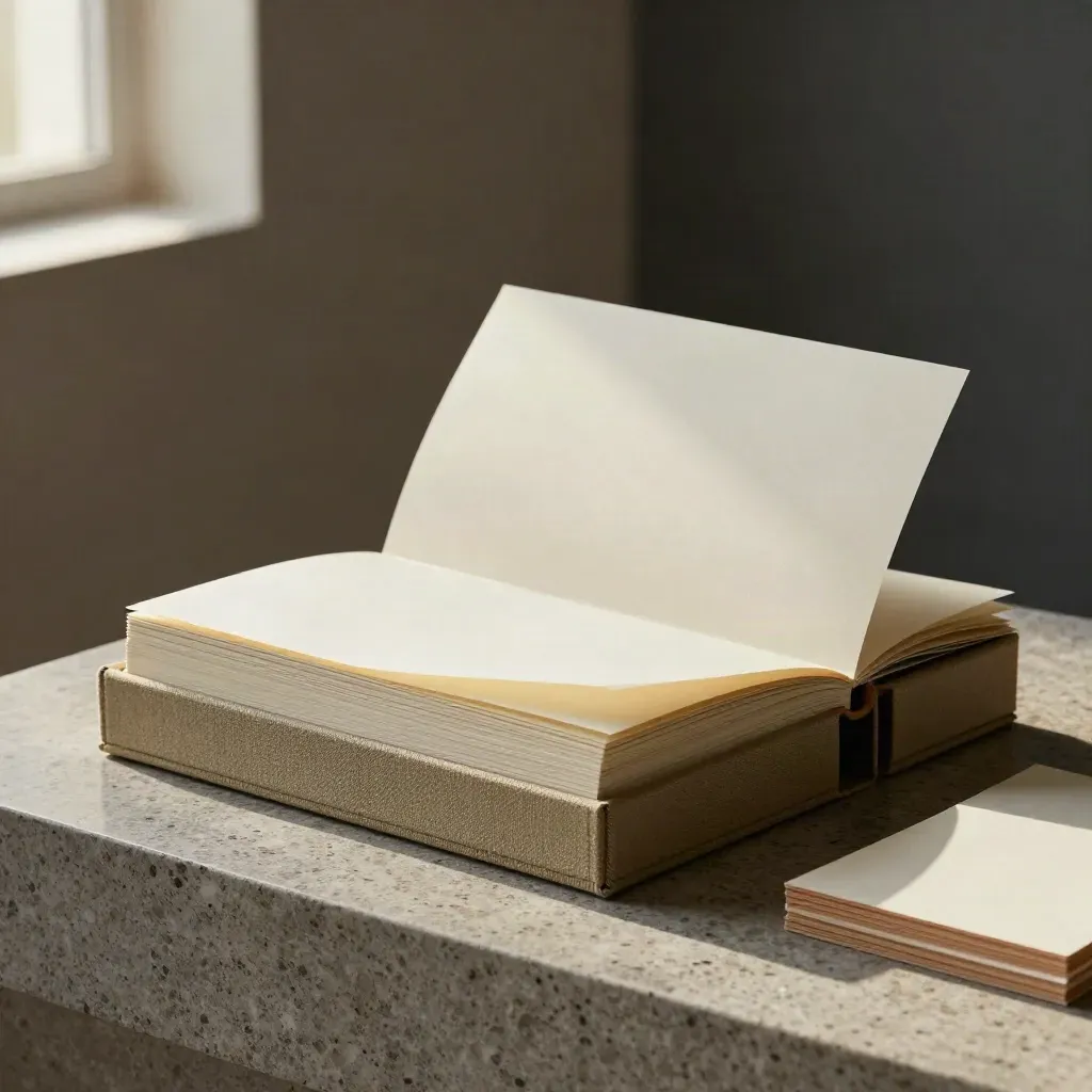 Open presentatiemap met dikke bladen en tabbladen naast een sobere opbergbox in zacht licht.
