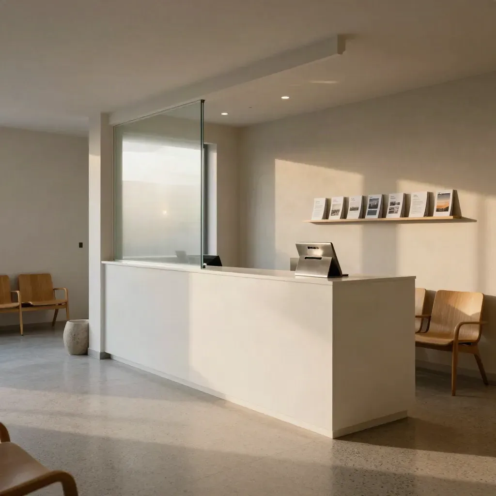 Rustige tandartsreceptie met wachtruimte, frosted glas en lichte houten stoelen