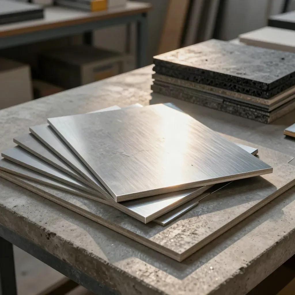 Strakke set met bouwmateriaaltiles, aluminium platen en prints op een werkbank