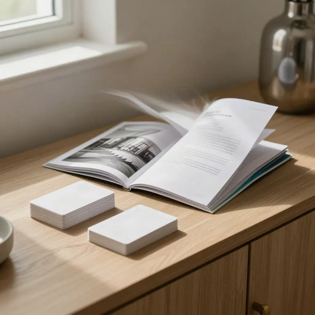 Drukwerkset voor een makelaar op een houten sidetable in een modern interieur