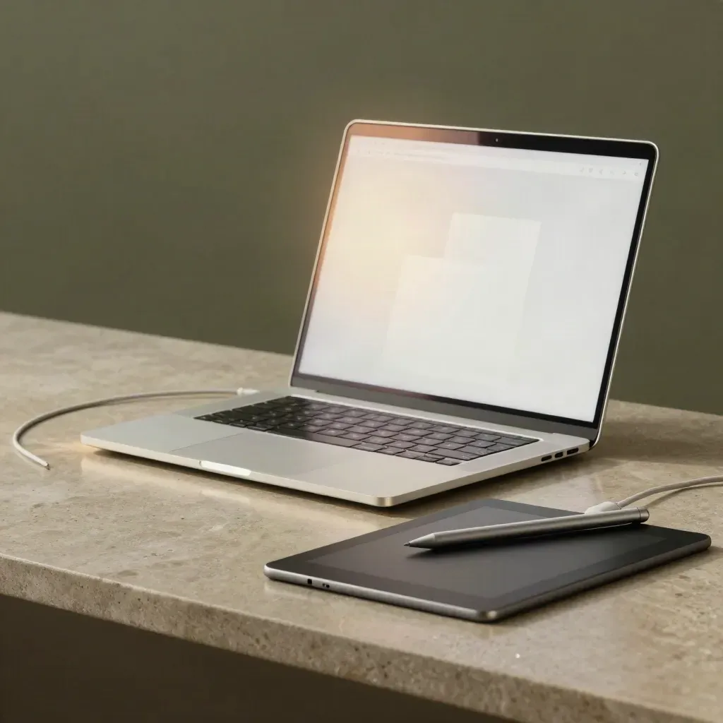 Close-up van laptoprand, stylus en tablet op een moderne studiowerkplek.