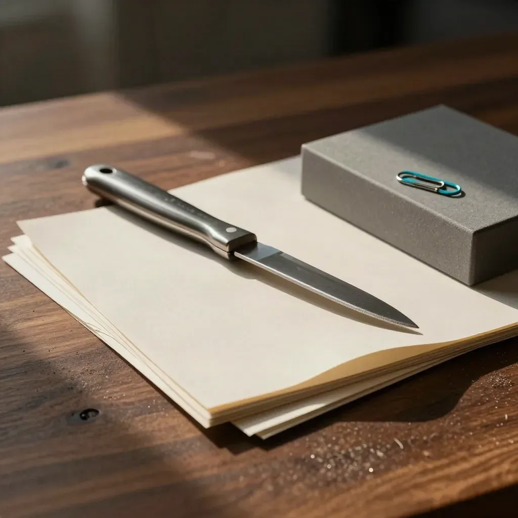 Snijmes, proefprints, paperclip en grijs papierblok op donkere werkplek met cyaangloed