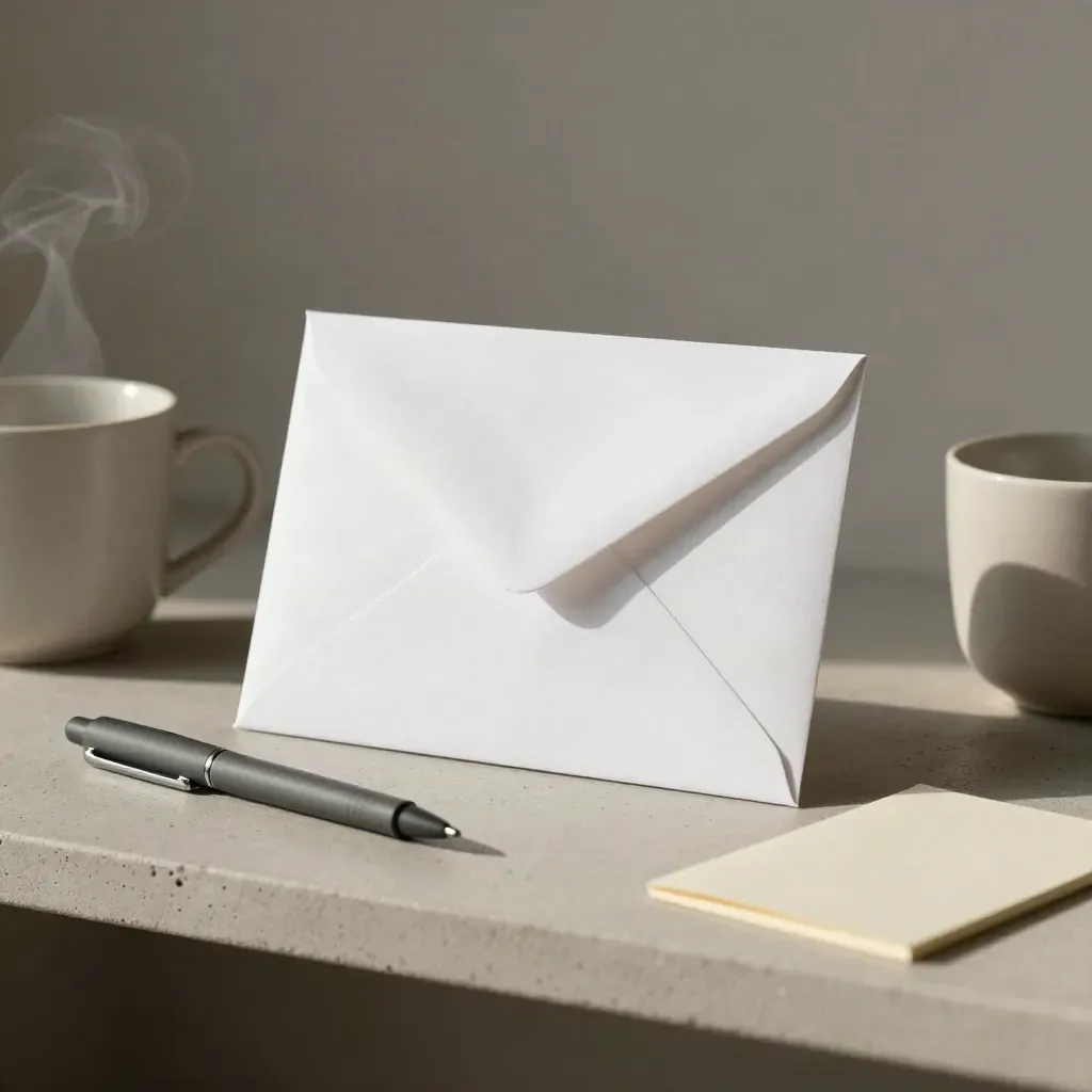 Witte envelop, twee koffiekoppen en pen op stenen shelf met zachte ochtenddamp.