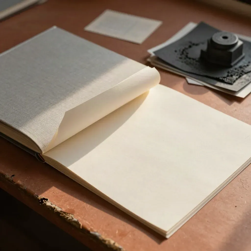 Bovenaanzicht van drukproeven, staalboek en paperweight op een printwerkbank.