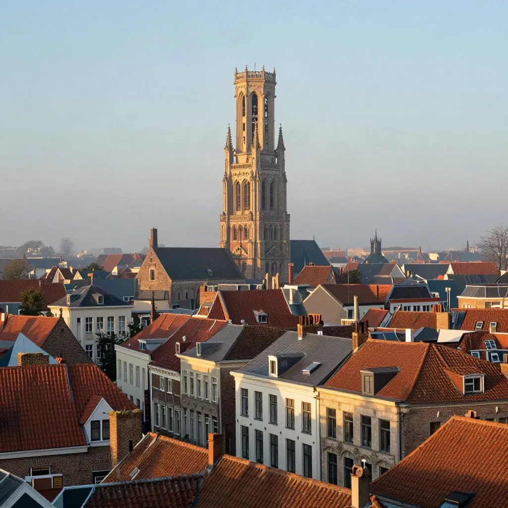 Utrecht bij gouden ochtendmist met de Domtoren hoog boven stille daken