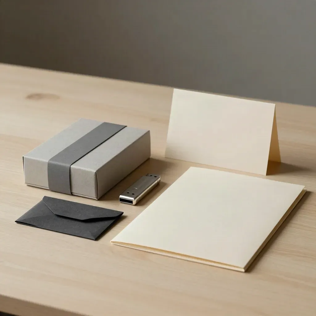 Opleverset met USB-stick, exportbox, sleeve en archiefmap op licht hout